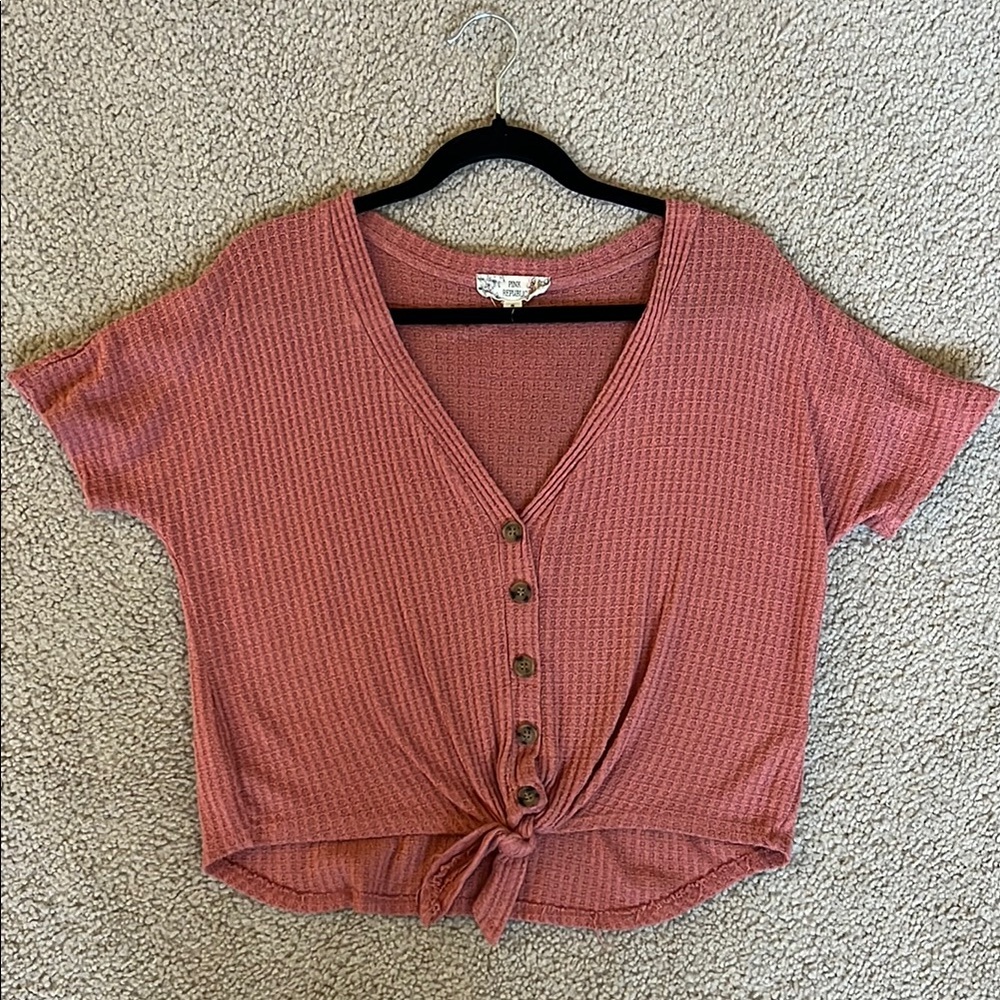 Pink Republic Pink Ribbed Crop Tie Front Top